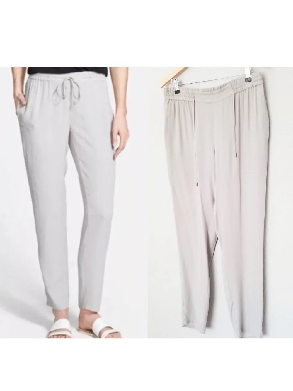 Eileen Fisher 100% Silk Georgette Ankle Pants Bone Gray Size S Drawstring $258